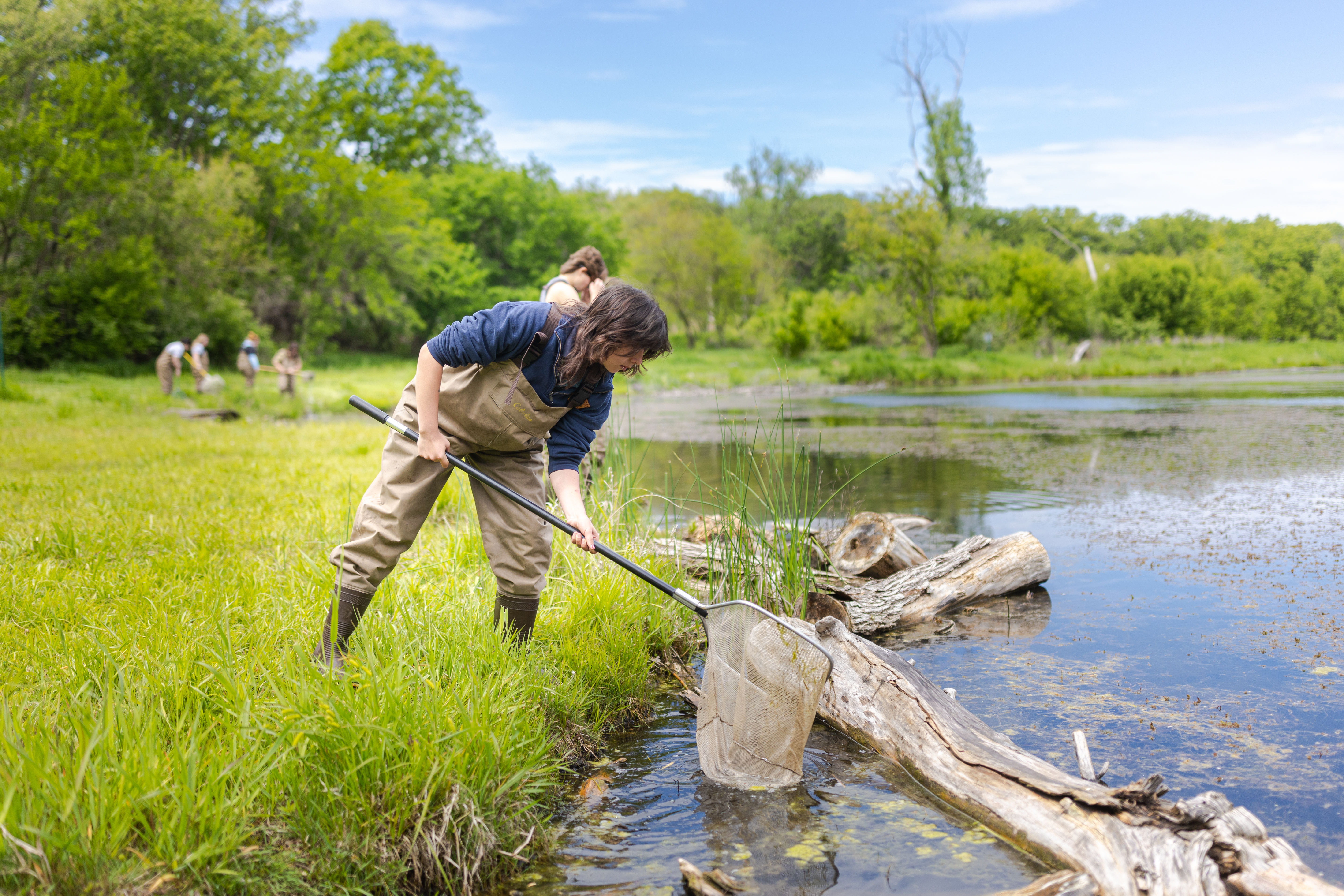 student with a net working in a natural, green area next to a lake